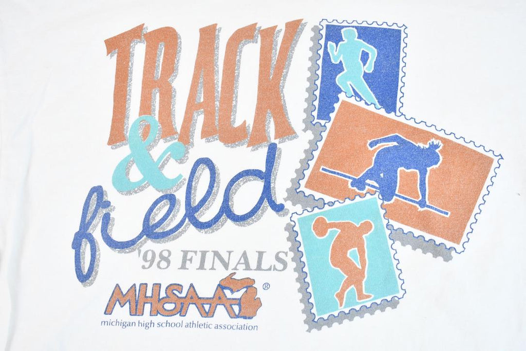 Vintage 1998 MHSAA Track and Field Finals Long Sleeve Postage Stamp Graphic T-Shirt