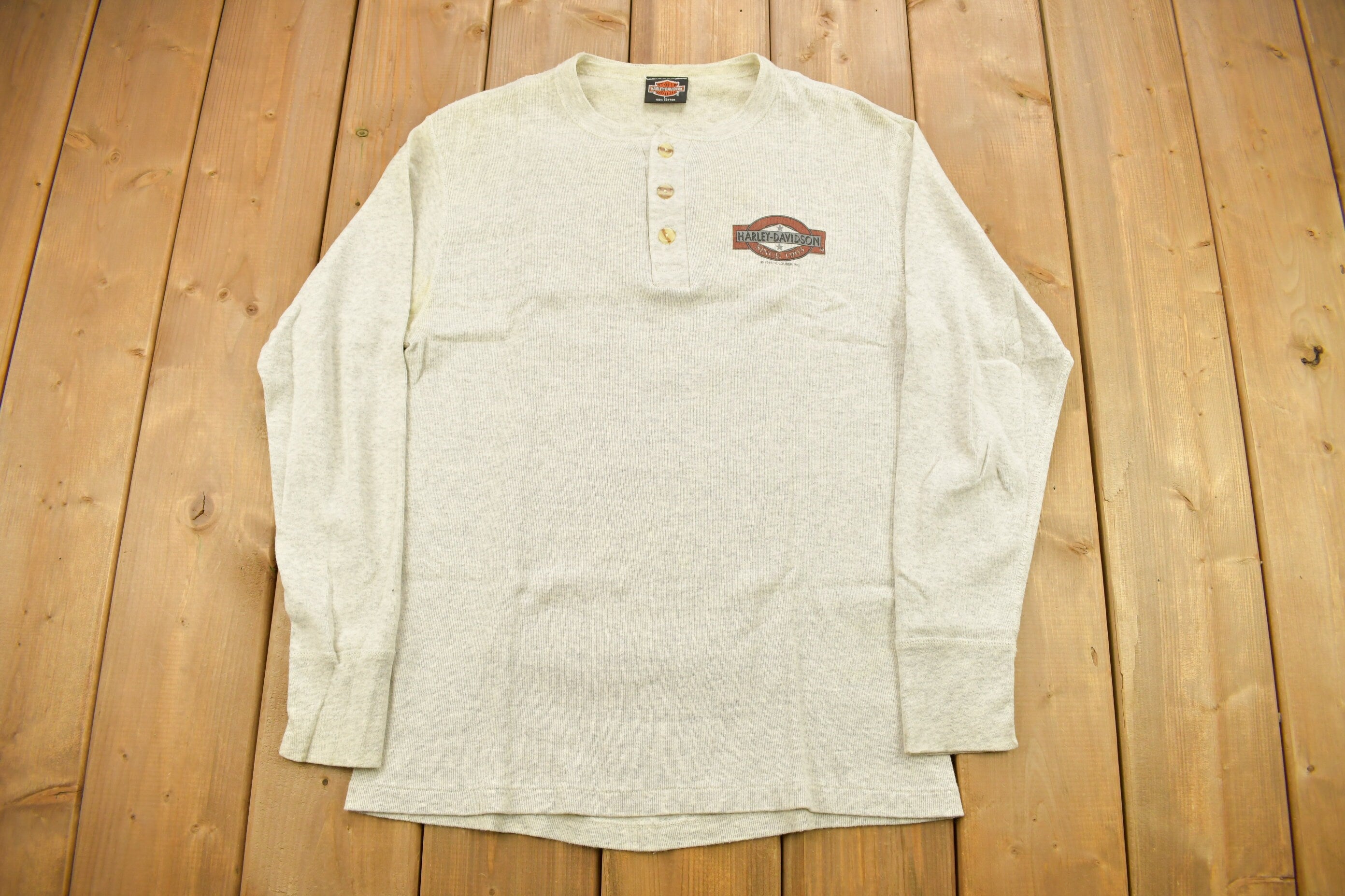 Vintage 1993 Harley Davidson Villa Park Illinois Long Sleeve Henley Button T-Shirt