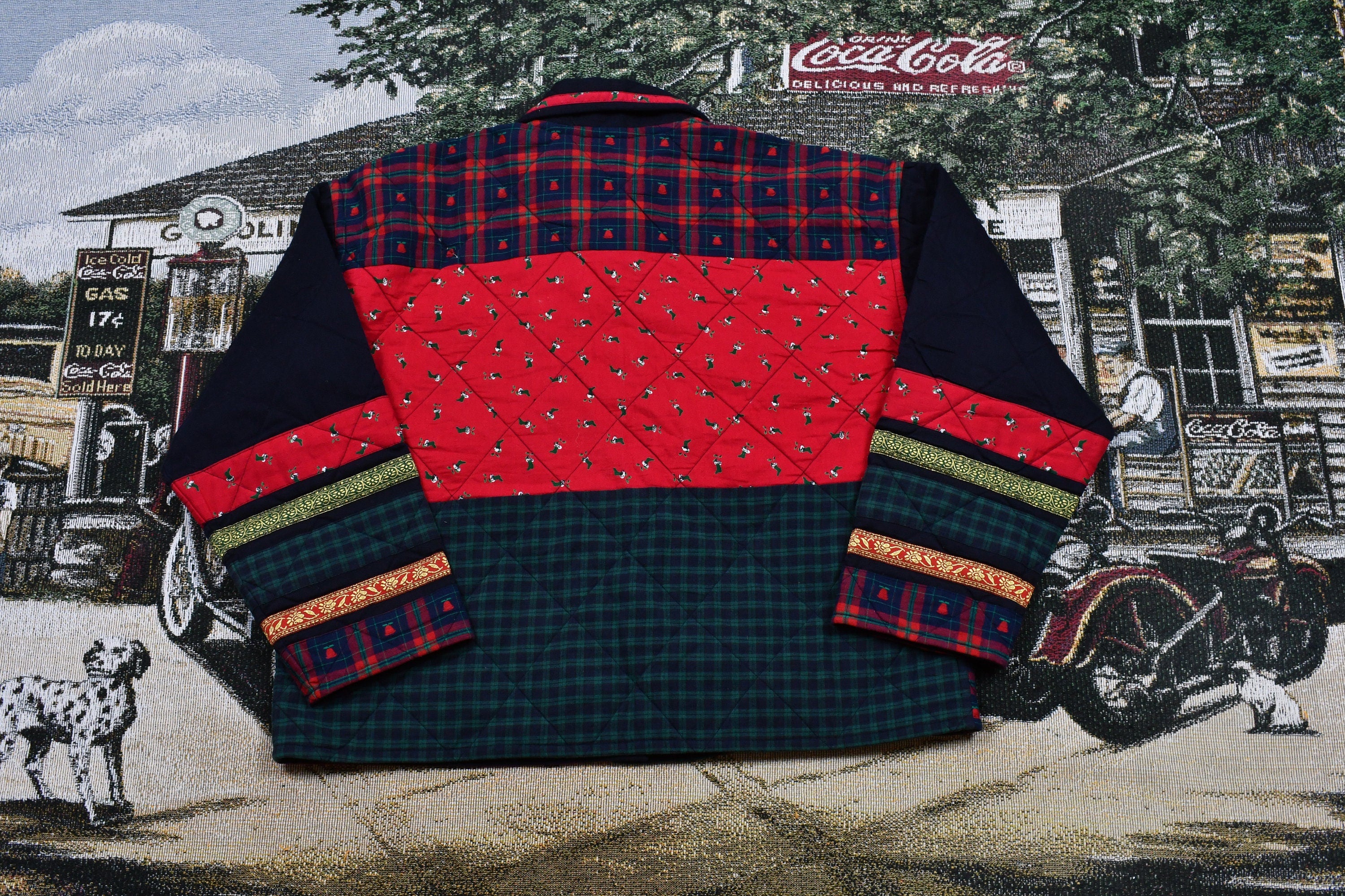 Vintage 1990s Christmas Graphic Patchwork Color Block Quilted Button Up Sweater , Embroidered Patchwork , Cut And Sew , Winter , Festive