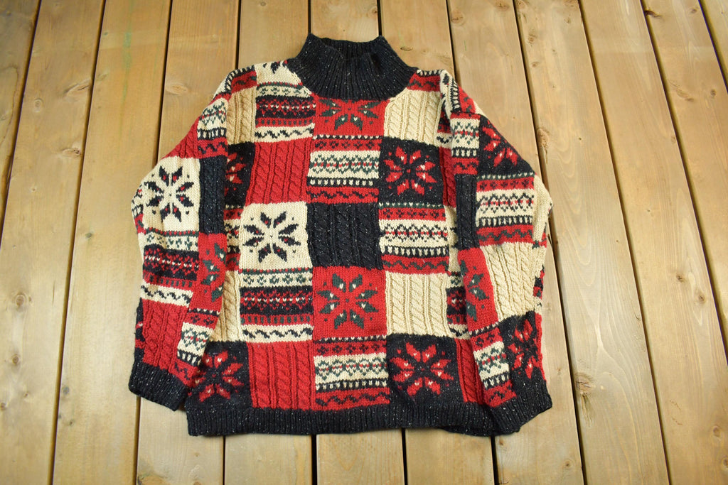 Vintage 1990s Jones New York Wool Knit Abstract Pattern Turtleneck Sweater Womens Large