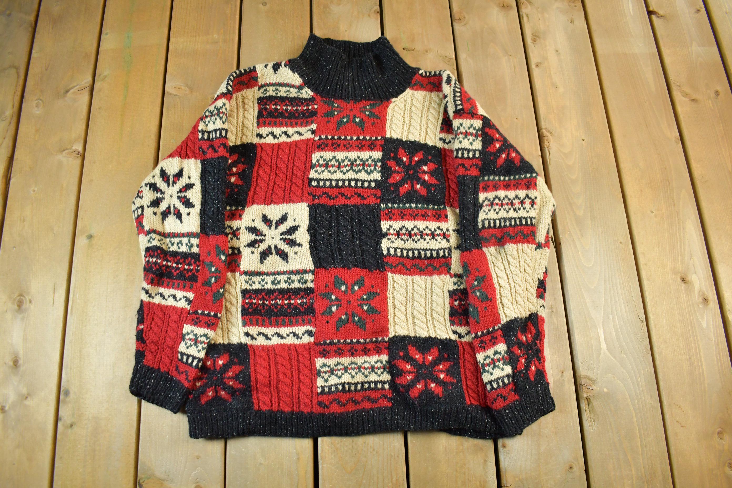 Vintage 1990s Jones New York Wool Knit Abstract Pattern Turtleneck Sweater Womens Large