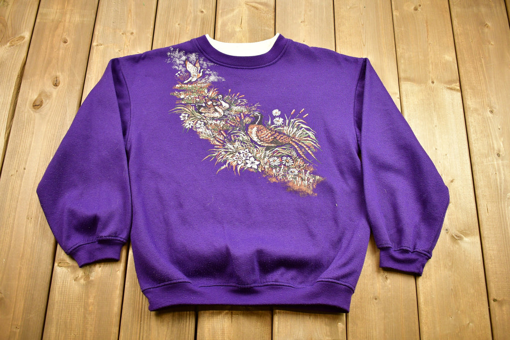 Vintage 1990s Nature Graphic Crewneck Sweater / Vintage Purple Sweatshirt / Animal Print / Wilderness & Outdoors / Basic Editions