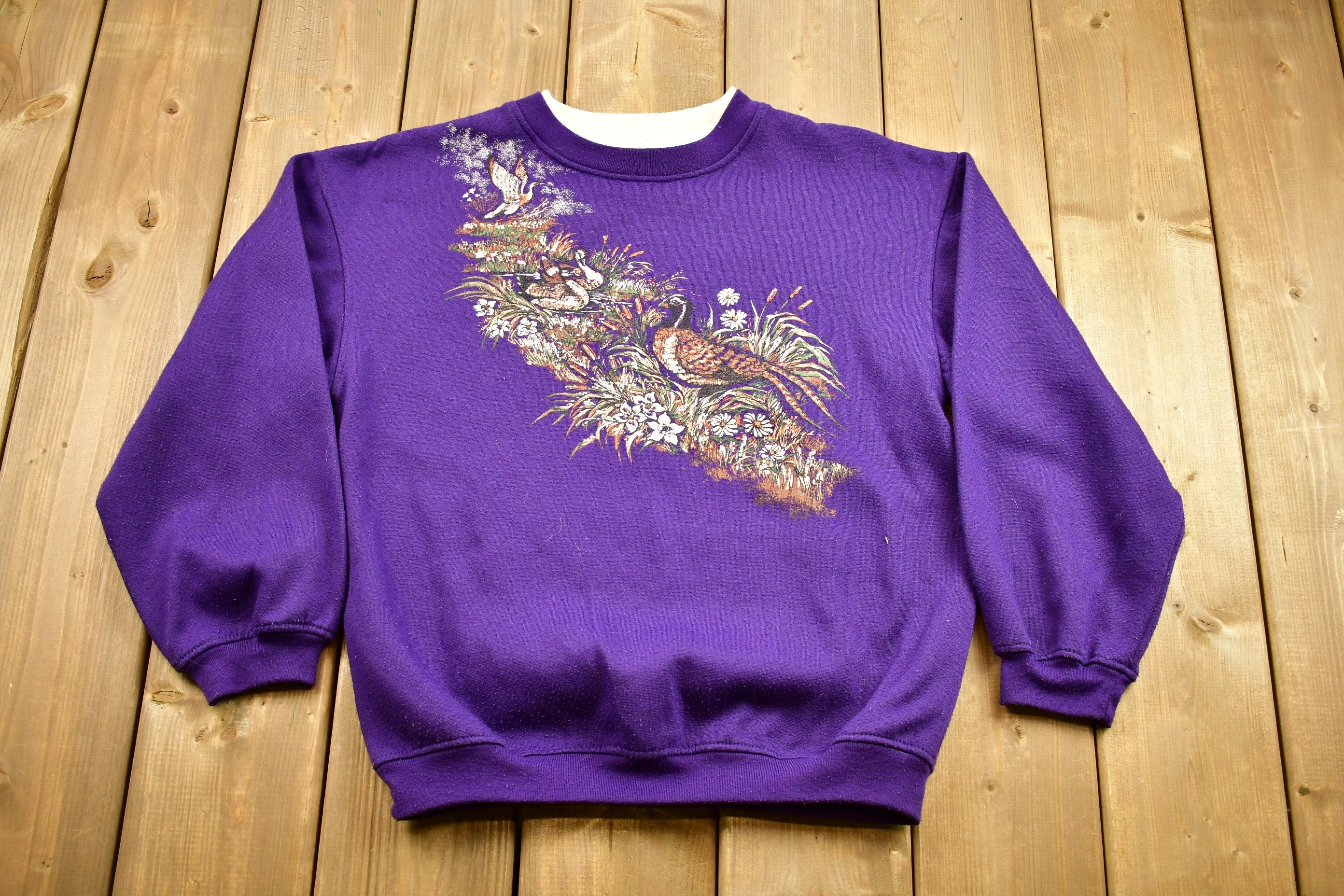 Vintage 1990s Nature Graphic Crewneck Sweater / Vintage Purple Sweatshirt / Animal Print / Wilderness & Outdoors / Basic Editions