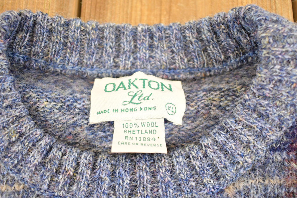 Vintage 1990s Oakton Ltd Wool Knit Crewneck Sweater Mens M / 90's Abstract Pattern 3D Shetland Wool Sweatshirt
