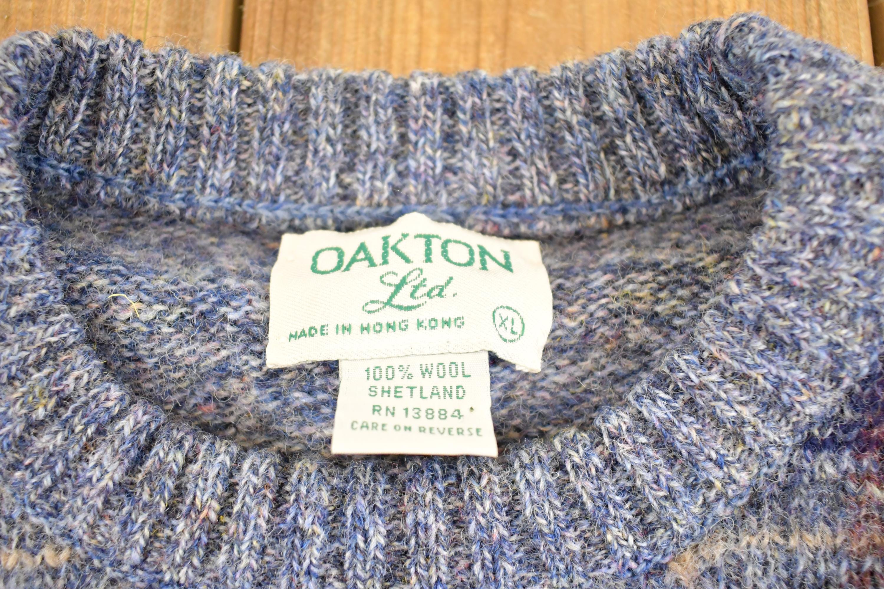 Vintage 1990s Oakton Ltd Wool Knit Crewneck Sweater Mens M / 90's Abstract Pattern 3D Shetland Wool Sweatshirt
