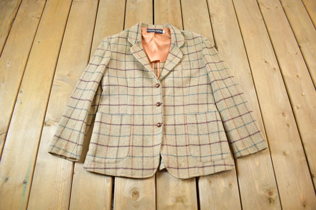 Vintage 1980s Paula Sakes Plaid Wool Silk Lined Blazer