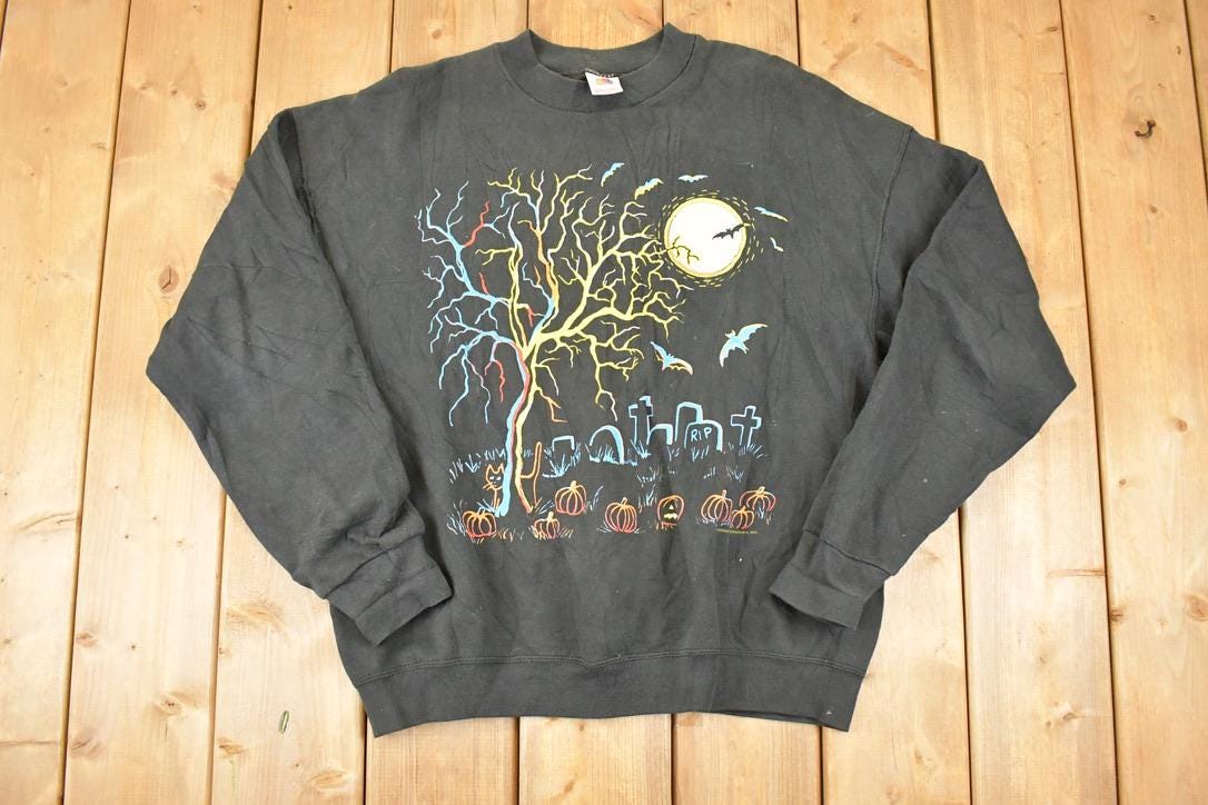 Vintage 1990s Halloween Graveyard Graphic Print Crewneck Sweatshirt Mens L
