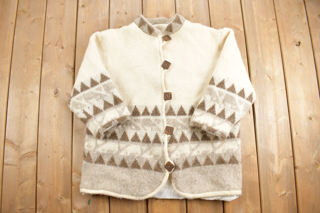 Vintage 1980s Wool Knit Button Up Sweater / Vintage 80s Sweater / Outdoorsman / Vintage Knit / Winter Sweatshirt / Geometric Pattern