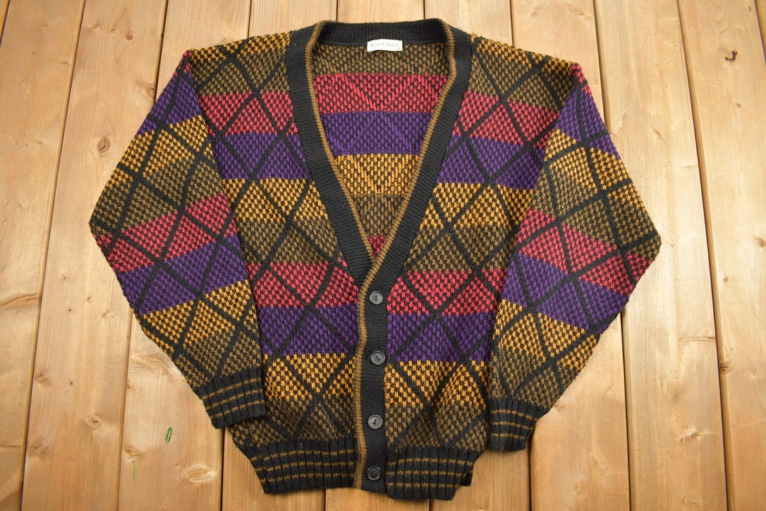 Vintage 1990s Striped Criss Cross Knitted Cardigan Sweater