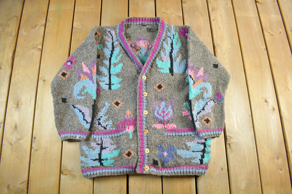 Vintage 1980s Tejidos Otavalo Wool Hand Knit Cardigan Sweater Adult L-XL