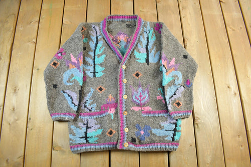 Vintage 1980s Tejidos Otavalo Wool Hand Knit Cardigan Sweater Adult L-XL / Made in Ecaudor / Floral Native Tribal Art Pattern / Heavyweight