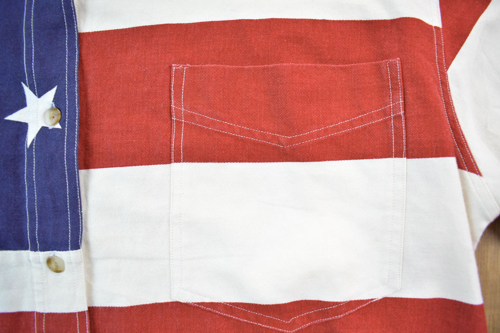 Vintage 1990s All Over Print American Flag Quizz Again Blank Button Up Shirt