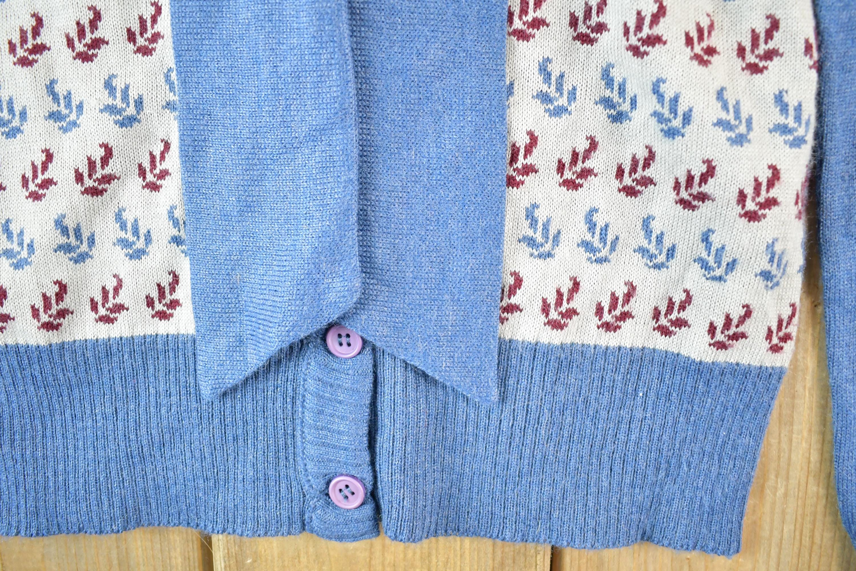 Vintage 1970s Pullidoine Knit Abstract Pattern Button Up Crewneck Sweater Womens S