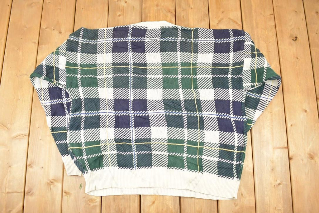Vintage 1990s Woods And Gray Plaid Knit Crewneck Sweater Men's XL