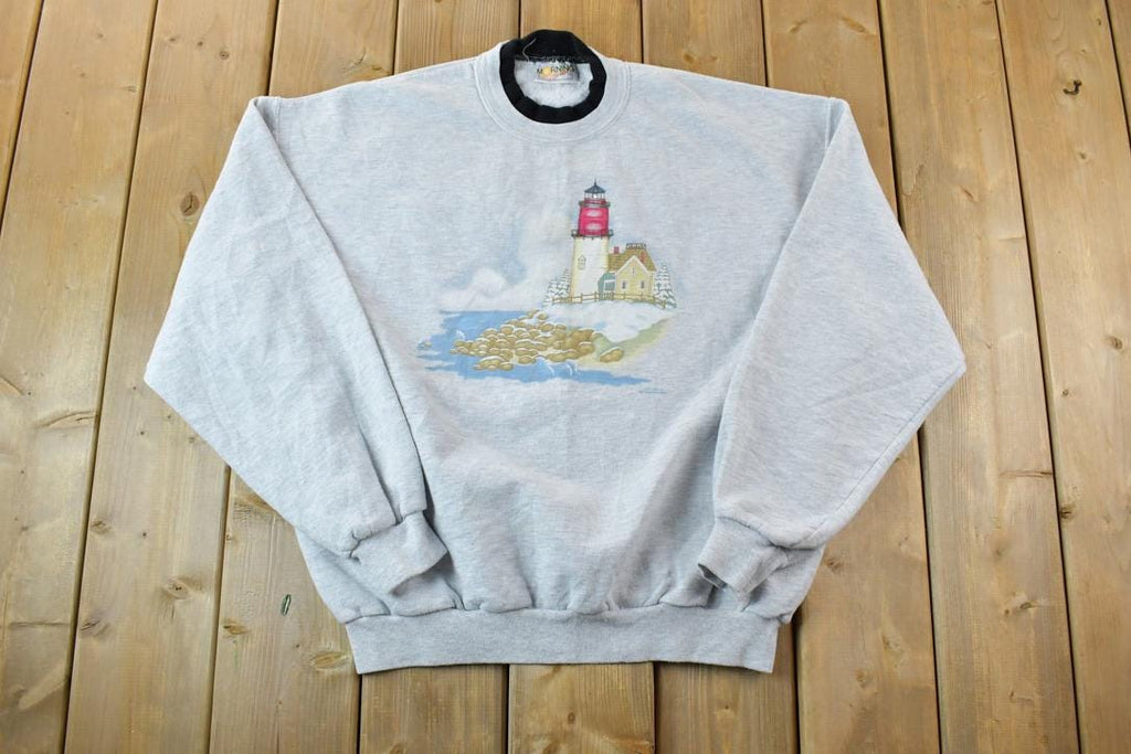 Vintage 1990s Cute Lighthouse Double Collar Morning Sun Crewneck Sweater