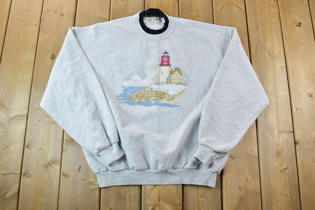 Vintage 1990s Cute Lighthouse Double Collar Morning Sun Crewneck Sweater