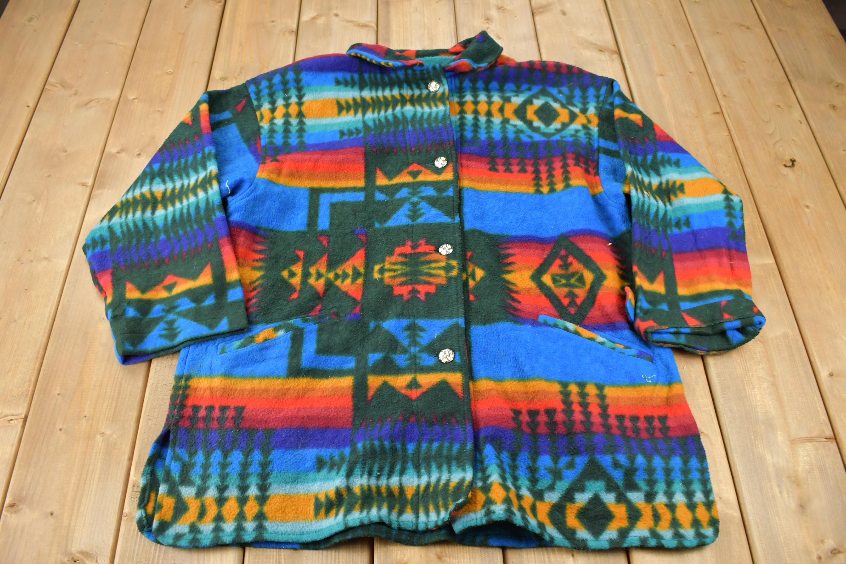 Vintage 1990s Aztec South Western Pattern Button Up Fleece Sweater OSFA