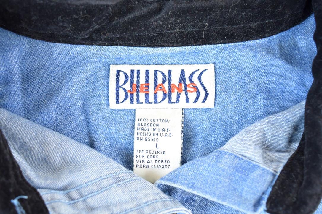 Vintage 1990s Bill Blass Velour Collar Denim Embroidered Floral Button Up Shirt Mens M