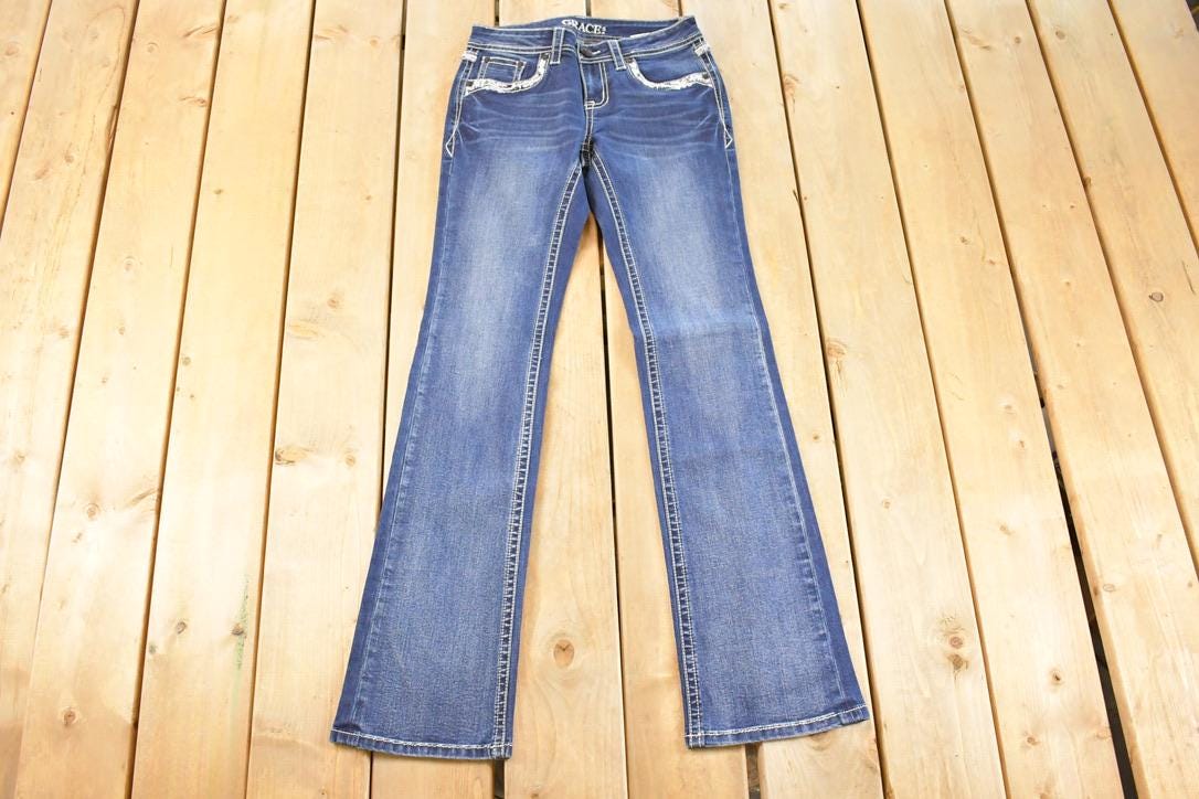Vintage Deadstock Y2K Grace In LA Bedazzled Low Rise Jeans Women's Size 27 x 32