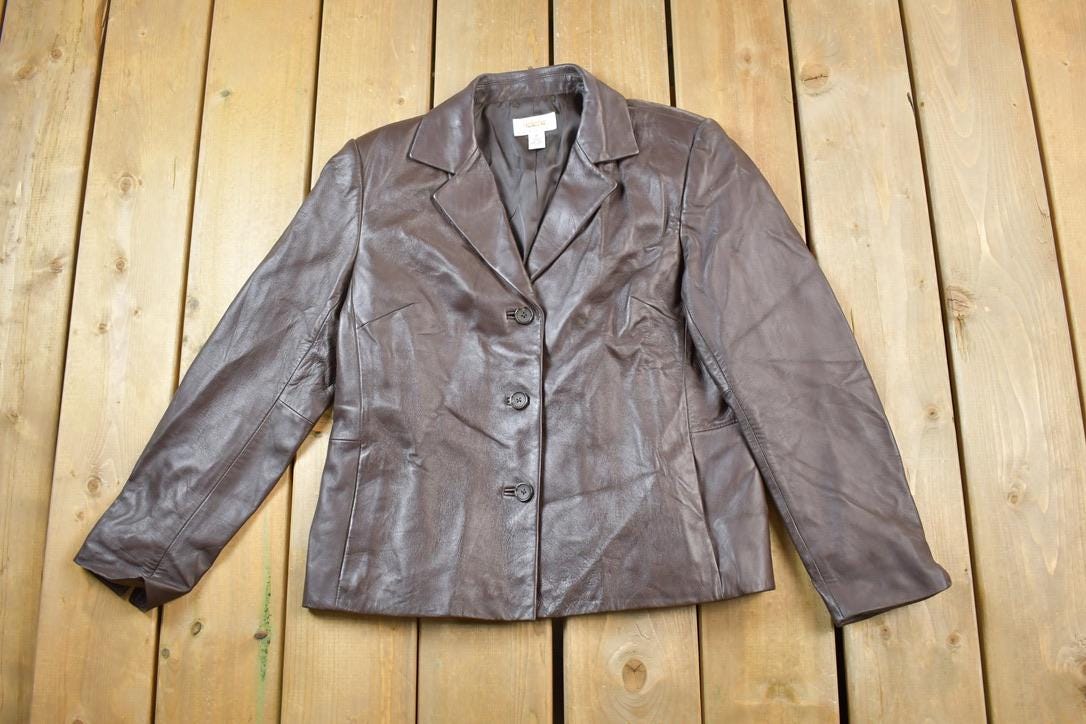 Vintage 1990s Talbots Brown Leather Collared Bomber Jacket Made In USA