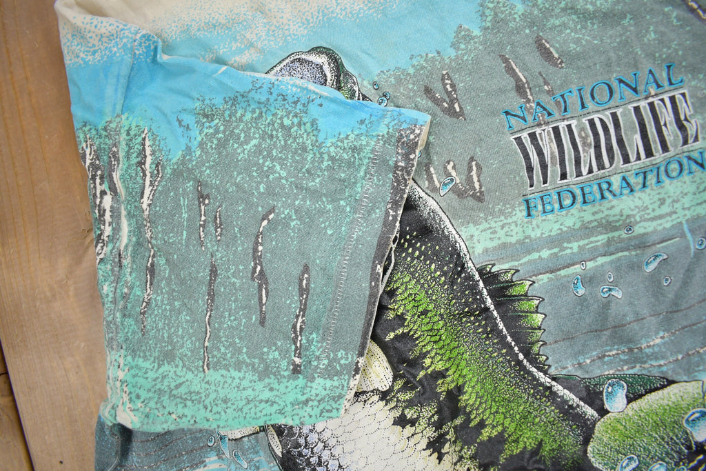 Vintage 1990s Largemouth Bass All Over Print Graphic T-Shirt Single Stitch