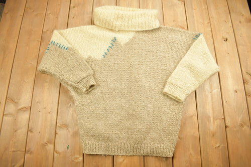 Vintage 1990s Knitwear Wool 3D Cable Knit Sweater / Chunky Knit / Winter Theme / Winter Sweater / Hand Loomed / Embroidered / Mock Neck