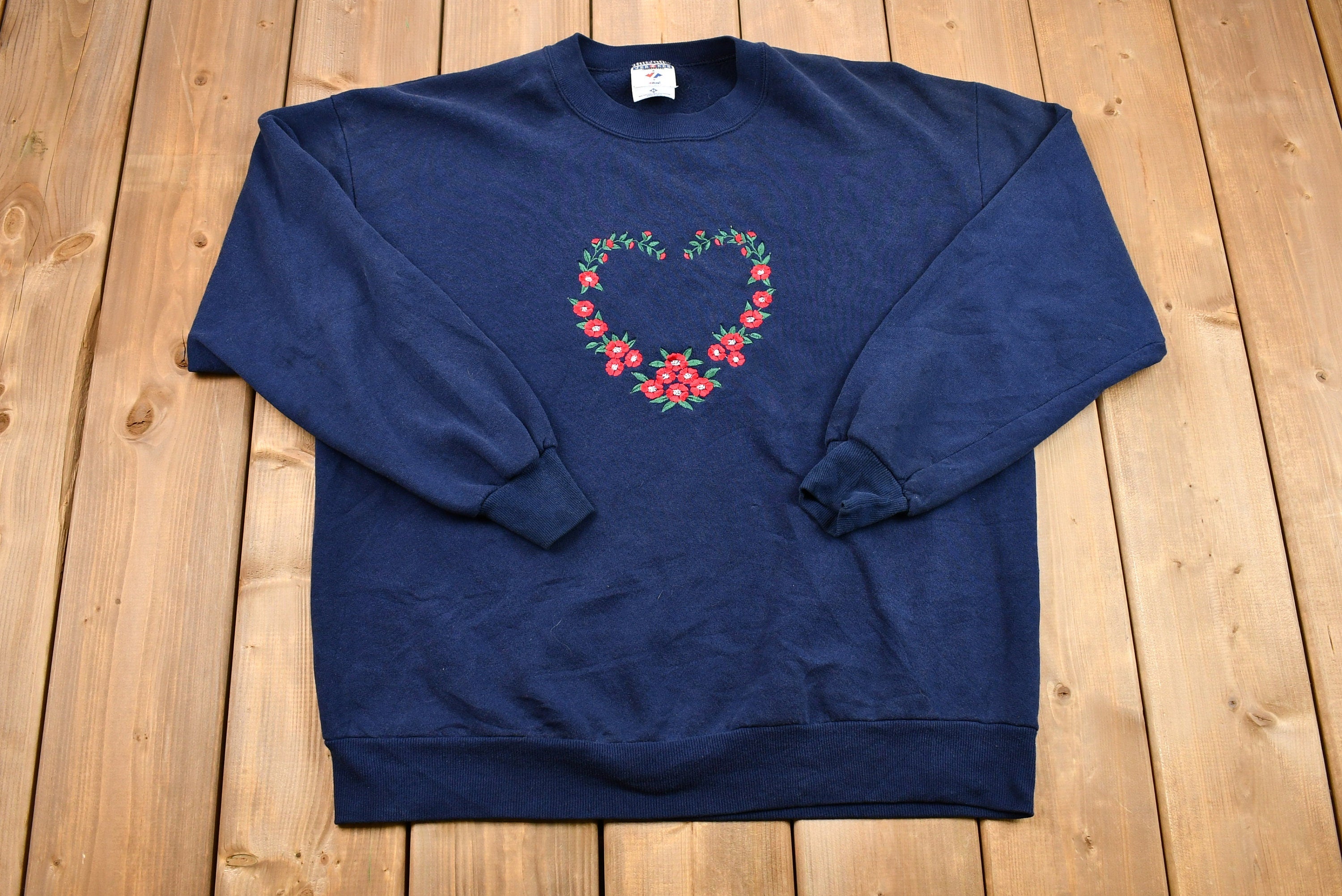 Vintage 1990s Embroidered Floral Heart Crewneck Sweatshirt  Granny Sweater  Vintage Sweatshirt  Jerzees  90s Pullover  Made in USA