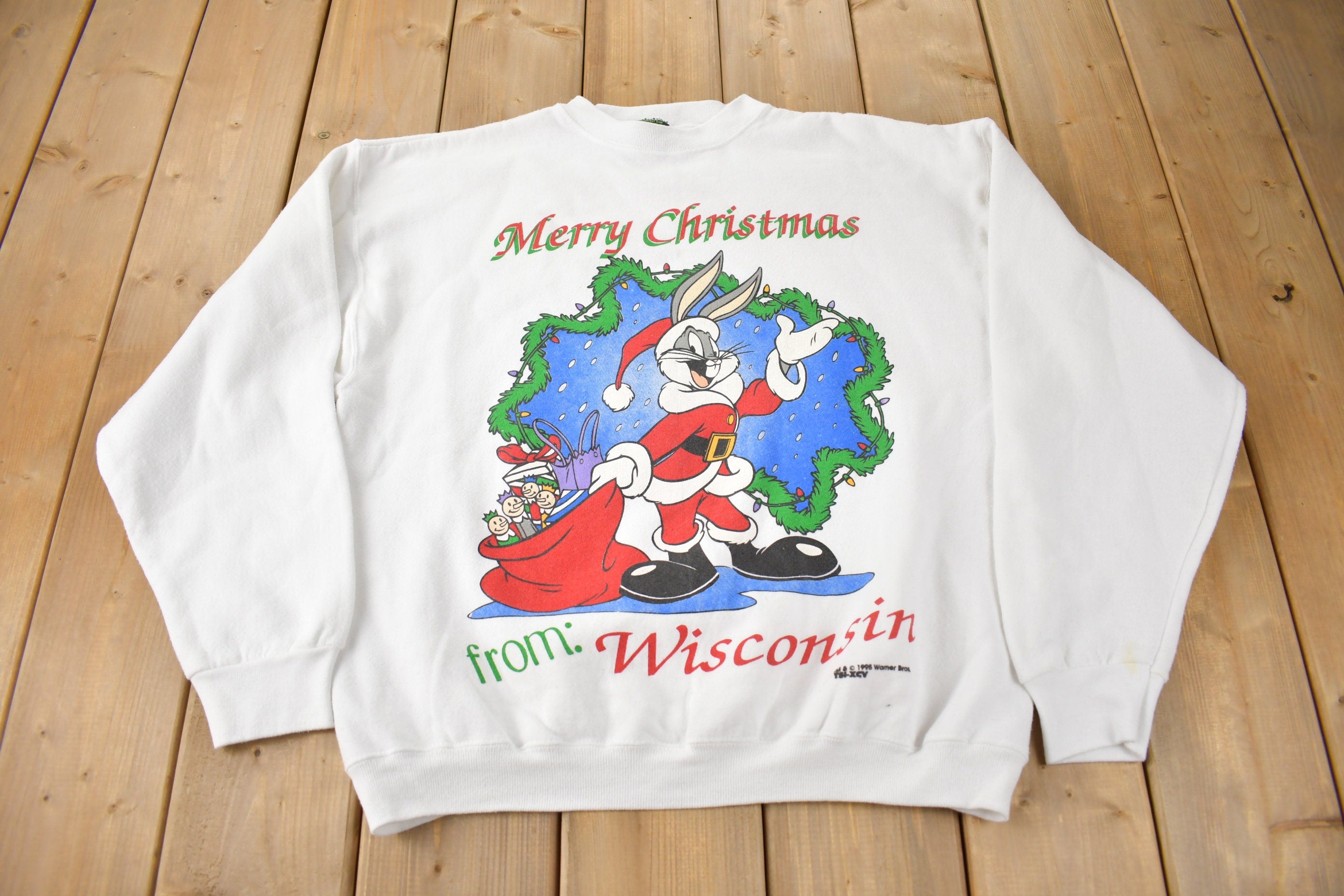Vintage 1995 Looney Tunes Merry Christmas From Wisconsin Warner Bros Crewneck Sweatshirt Made In USA
