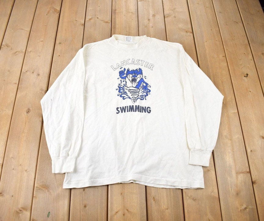 Vintage 1990s Lancaster Swimming Graphic Long T Shirt Made In USA Size XL