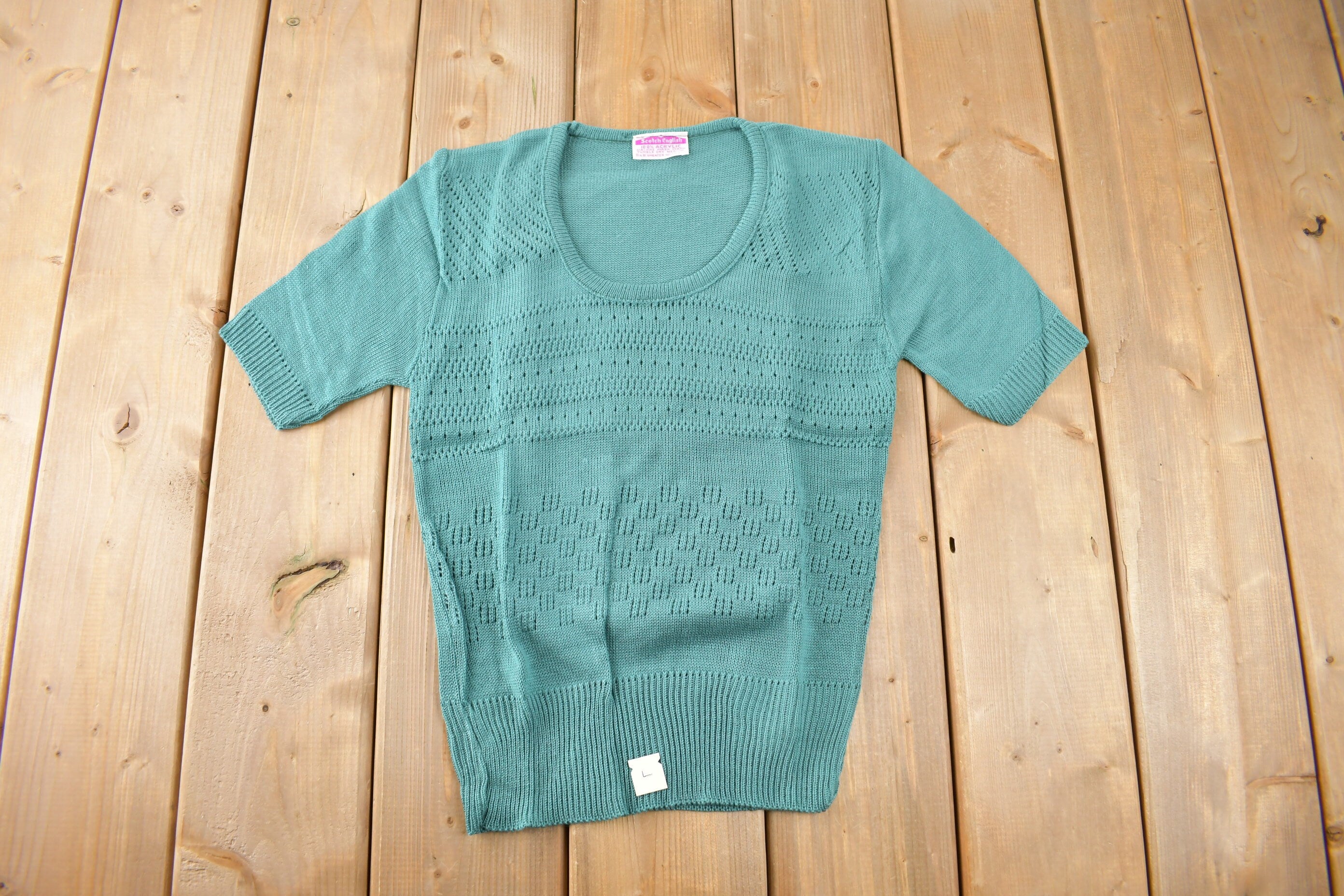 True Vintage 1960s Deadstock Miss Scotch English Short Sleeve Green Knit Acrylic Sweater