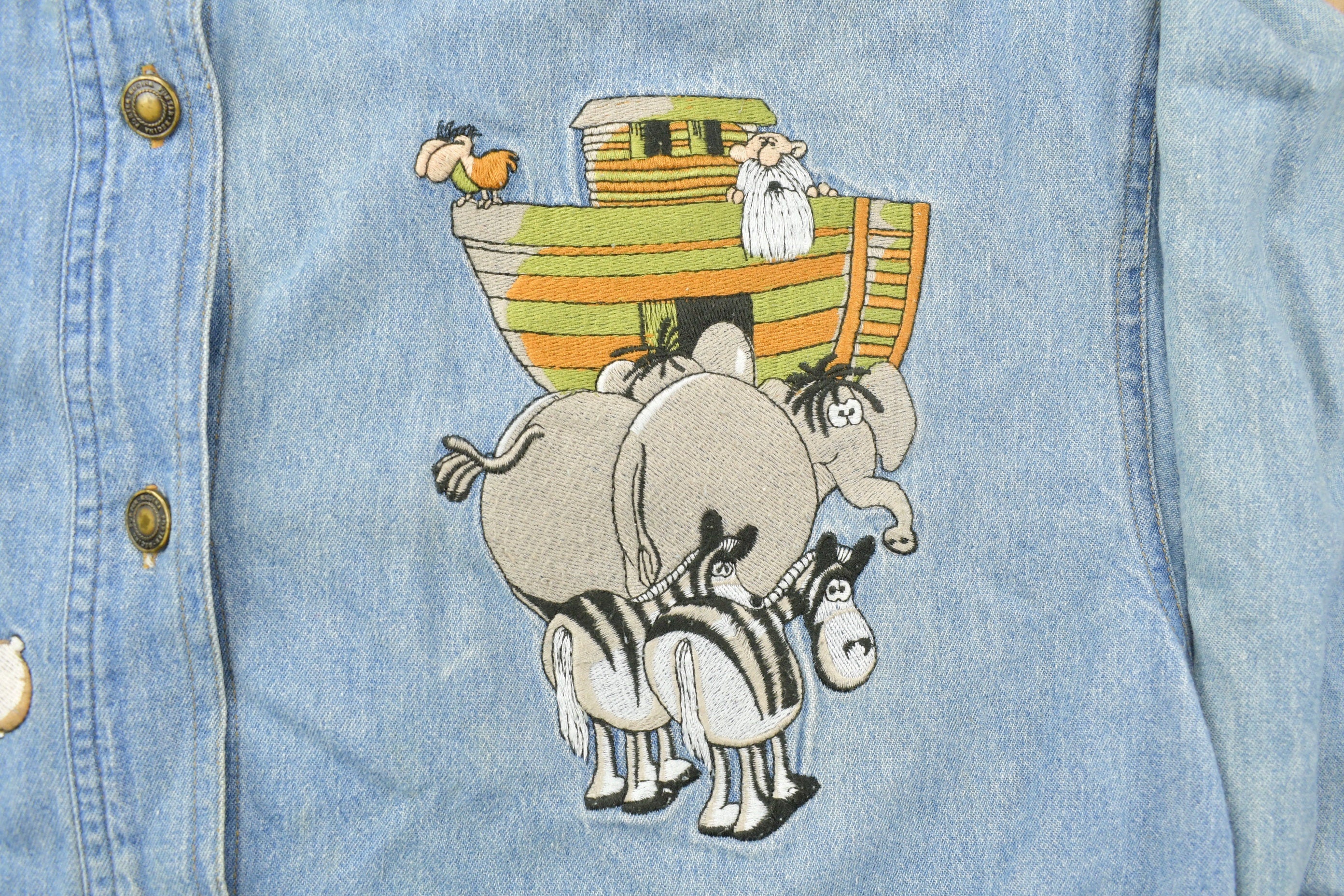 Vintage 1990s Noahs Ark Embroidered Button Up Denim Shirt