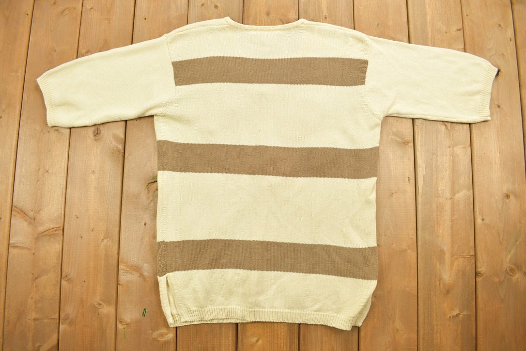 Vintage 1980s Anne Klein Embroidered Striped Knit V-Neck Sweater