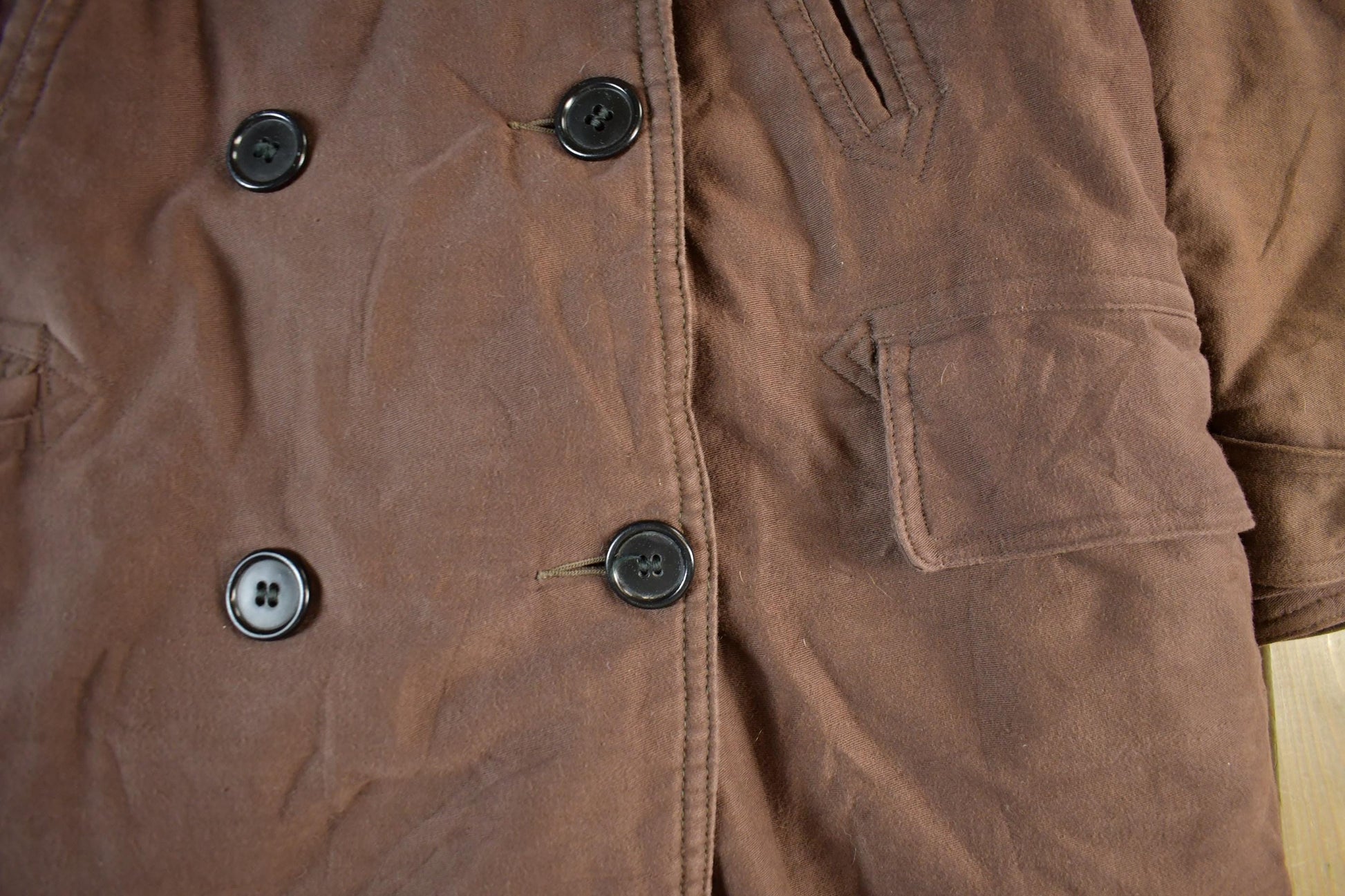 Vintage 1940s U.S. Military Mackinaw WW2 Double Breasted Shearling Long Coat Men's Large