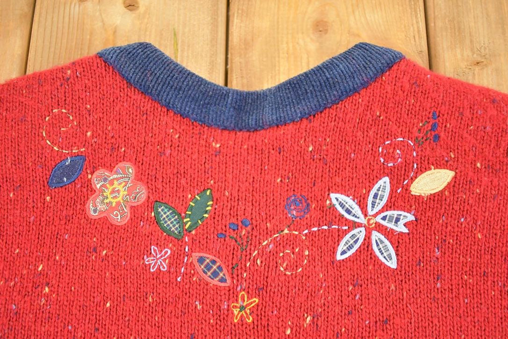 Vintage 1990s Koret City Blues Heavy Knit Flower Cardigan Sweater Women's L / Abstract Pattern 3D Knitted Sweatshirt