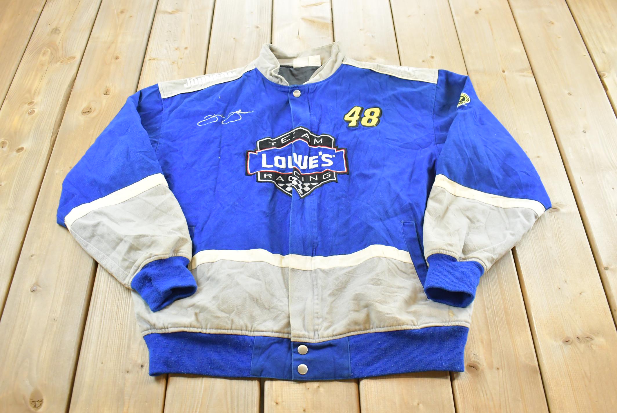 Vintage 1990s NASCAR Jimmie Johnson Lowes Racing Jacket Mens XL / 90s Streetwear Fashion / Embroidered / Patchwork / Color Block