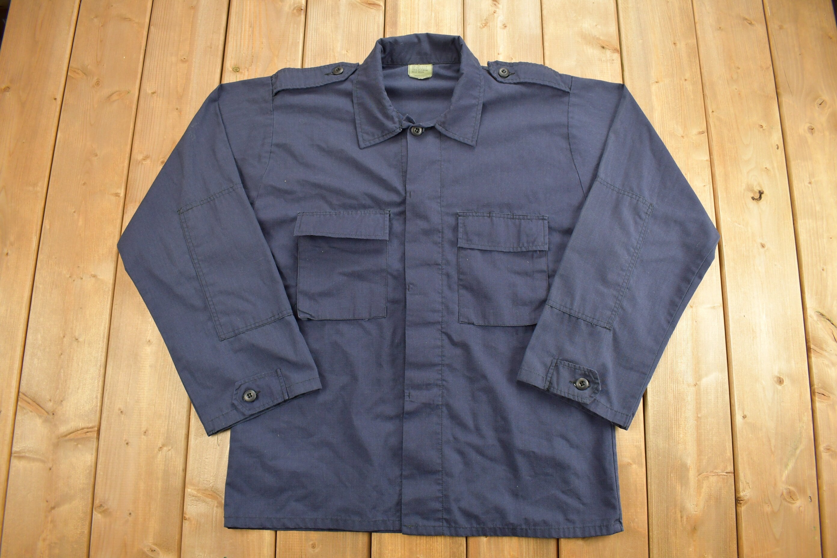 Vintage 1990s Blank Navy Military Button Up Jacket