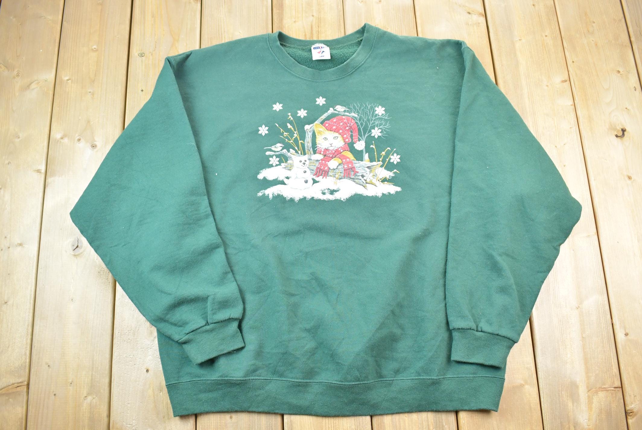 Vintage 1990s Cat Snowman Snow Cat Cute Crewneck Sweater