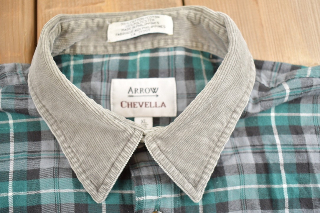 Vintage 1990s Arrow Corduroy Collar Plaid Flannel Button Up Shirt