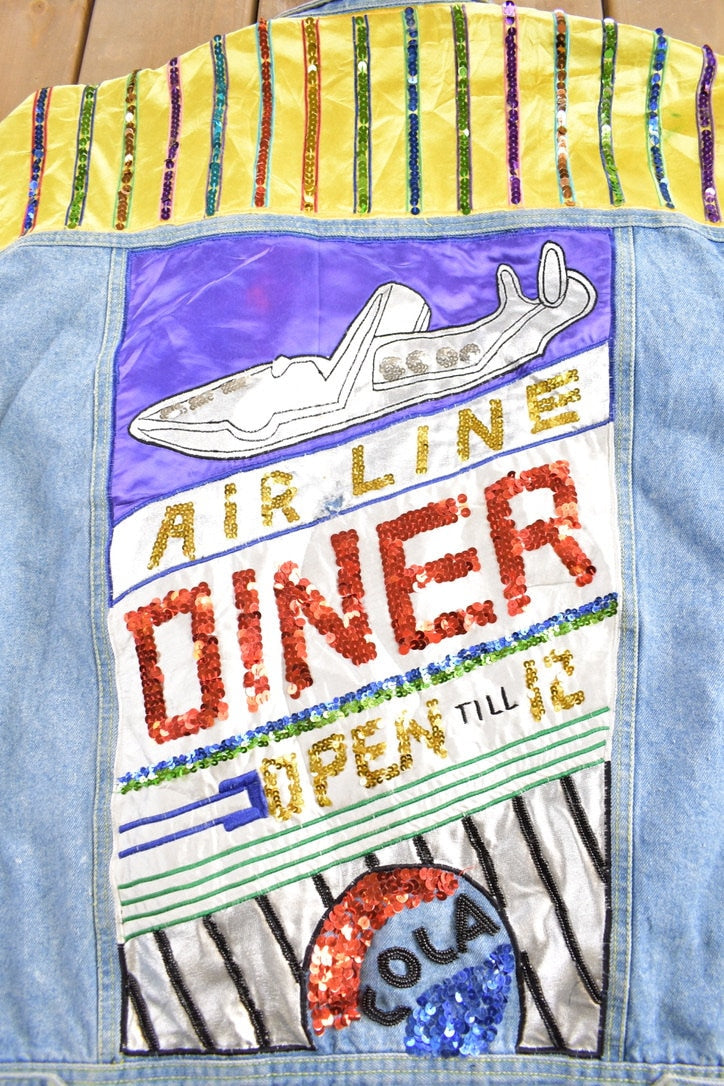 Vintage 1990's Custom Embroidered Diner Denim Jean Jacket /