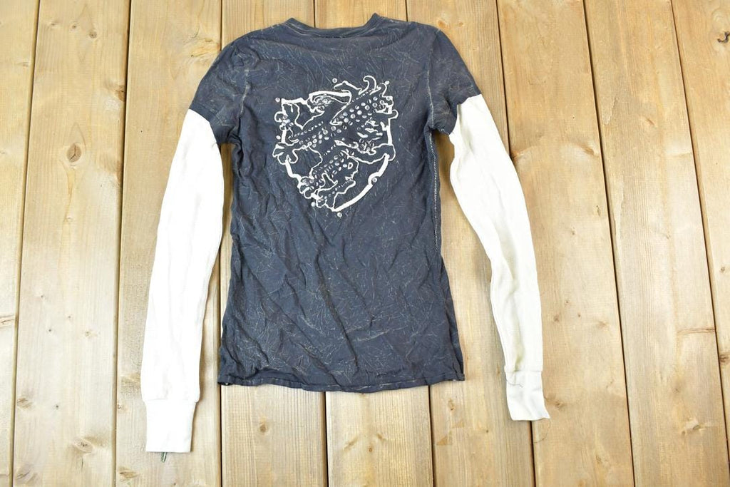 Women Vintage Vigoss Y2K Thermal Sleeve Bedazzled T-Shirt / Vigoss Grunge Skull Print / Contrast Stitch / Internet Famous Clothing