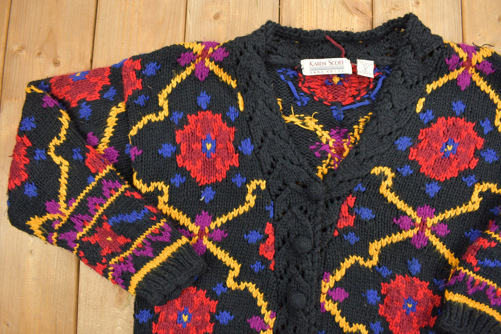 Vintage 1990s Karen Scott Floral Knit Cardigan Sweater