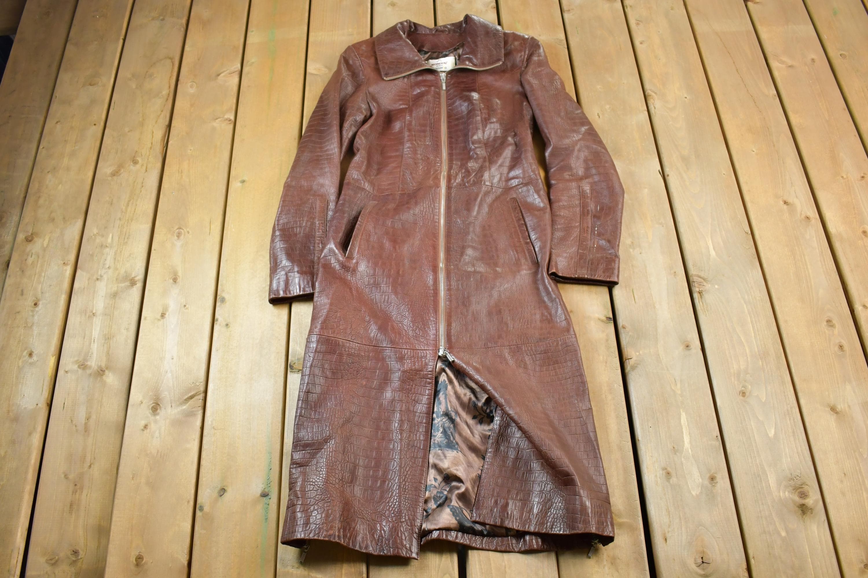 Vintage 1980s Mondial Women's Full Length Alligator Print Leather Trench Coat