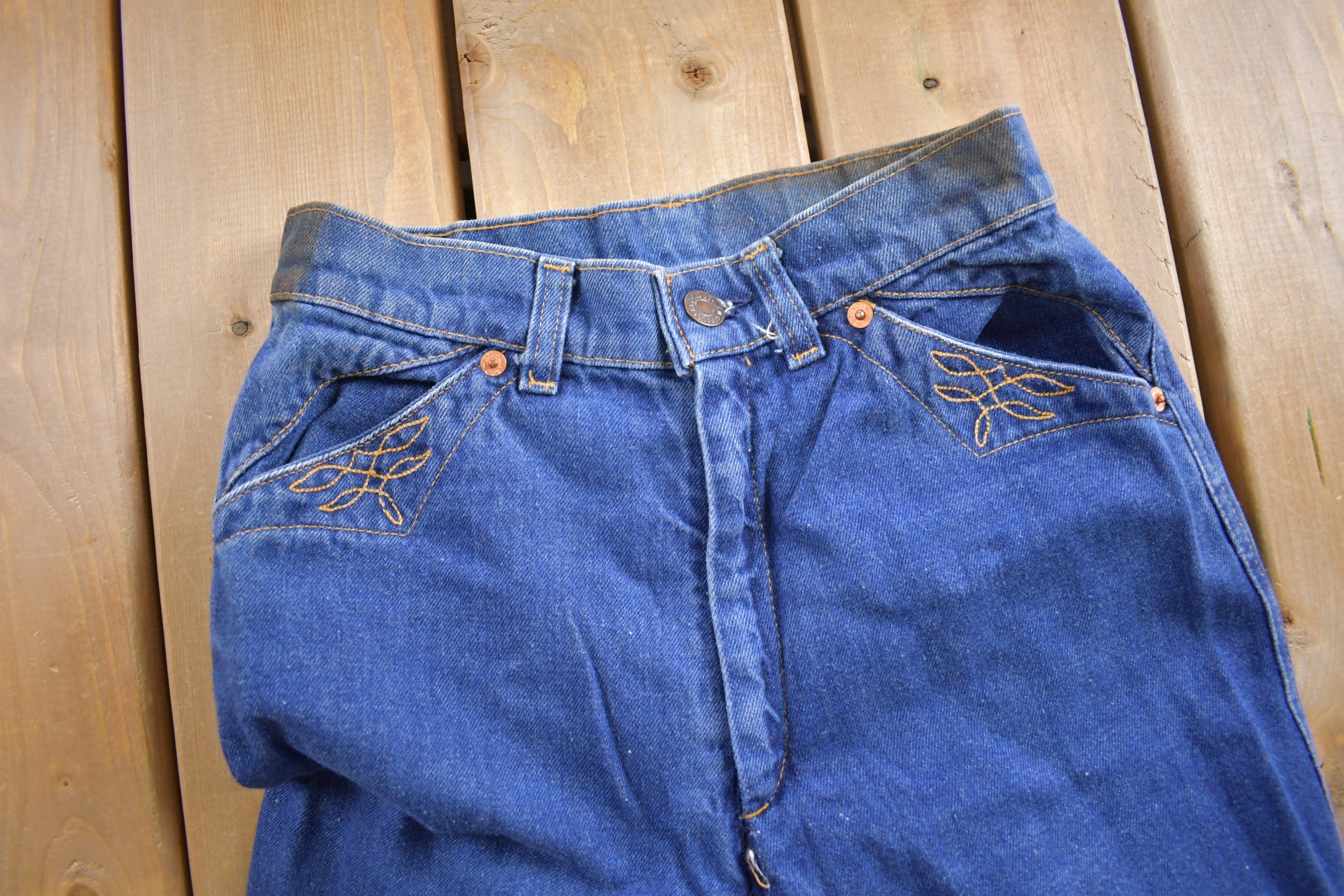 Vintage 1970s Levi's Orange Tab Embroidered Jeans Size 24 x 32