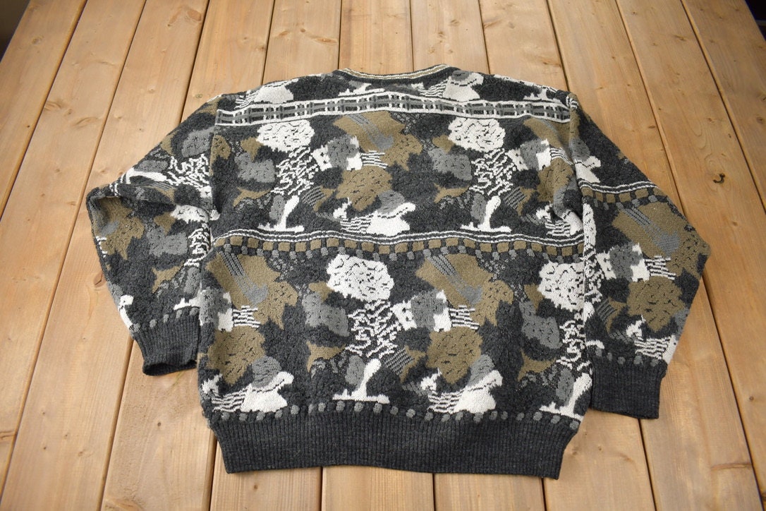 Vintage 1990s Tosani Abstract Wool Knit Crewneck Sweater Made In Canada