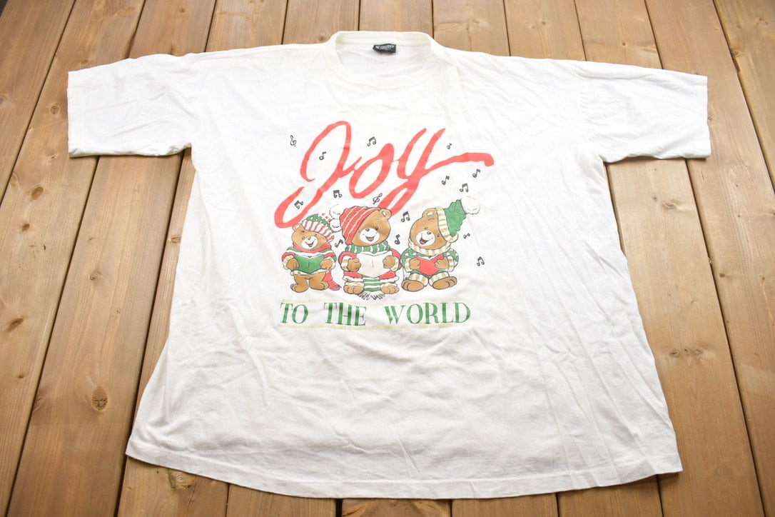 Vintage 1990s Joy to The World Christmas Carol Teddy Bear Theme Graphic T-Shirt