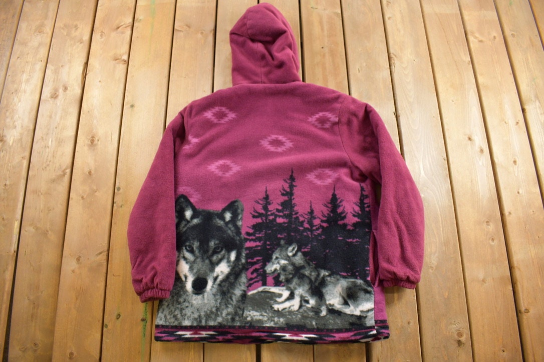 Vintage 1990s Winter Wolf Theme Fleece Sweater