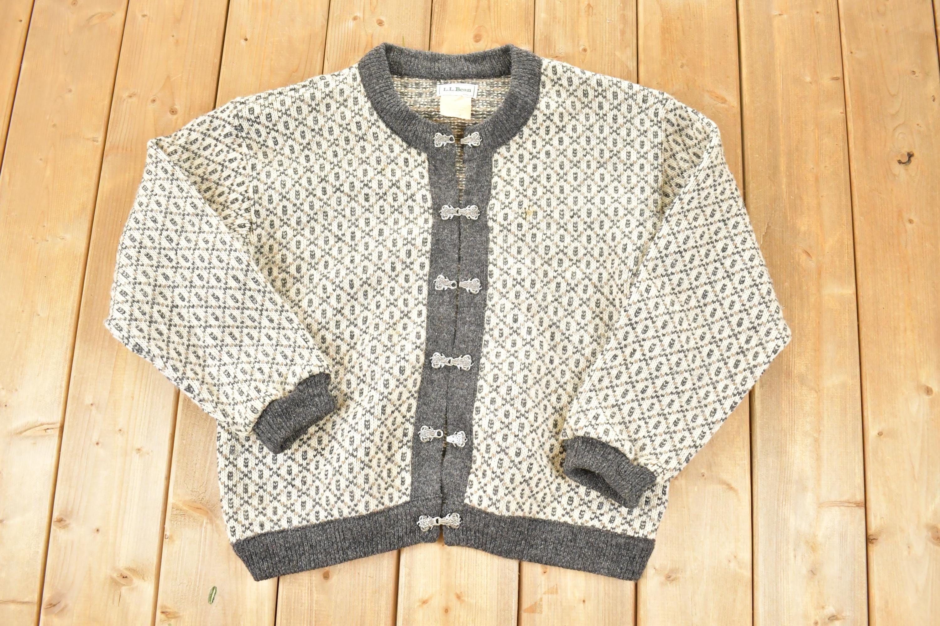 Vintage 1990s LL Bean Wool Knit Abstract Pattern Cardigan Sweater Mens M / 90s Knit Crewneck / Vintage Preppy Knits
