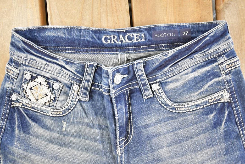 Vintage Deadstock Y2K Grace In LA Bedazzled Bootcut Aztec Low Rise Jeans Women's Size 27 x 32