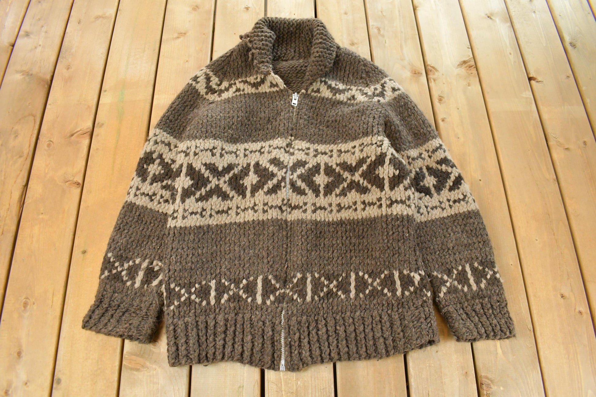 Vintage 1970s Cowichan Full Zip Hand Knit Sweater Men's Large
