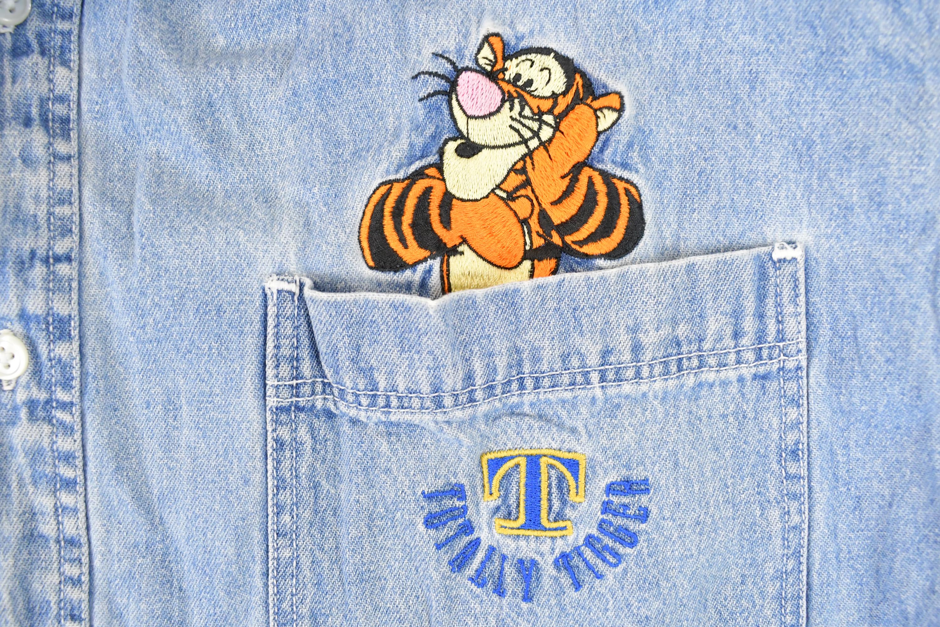 Vintage 1990s Winnie The Pooh Tigger Disney Button Up Denim Shirt Men's L
